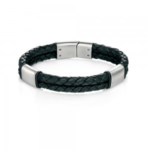 Fred Bennett Men's Stainless Steel Black Leather Bracelet