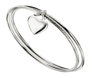 Sterling Silver Double Diamond Cut Bangle with Heart Charm