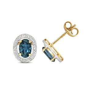 9ct Gold London Blue Topaz and Diamond Halo Stud Earrings