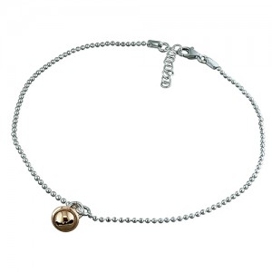 Sterling Silver Bead Chain with Rose Plated Bell Anklet