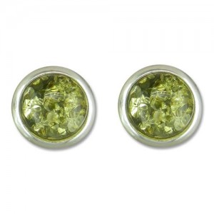 Sterling Silver Real Green Amber Small Round Stud Earrings