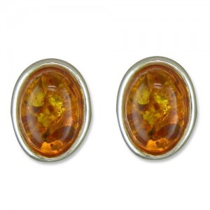 Sterling Silver Real Cognac Amber Small Oval Stud Earrings