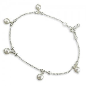 Sterling Silver Simulated Pearl Drop Beads Anklet
