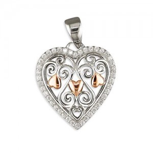 Sterling Silver Filigree Cubic Zirconia Rimmed Heart with Rose Plated Highlights Pendant & 18" Chain