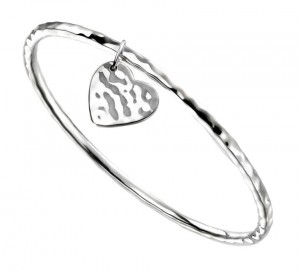Sterling Silver Hammered Bangle with Hammered Heart Charm