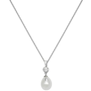 Sterling Silver Cubic Zirconia & Peal Drop Pendant & Chain