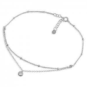 Sterling Silver Beaded Chain with Cubic Zirconia Split Chain Anklet