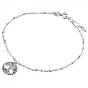 Sterling Silver Beaded Chain Tree of Life Charm Anklet