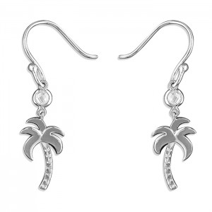 Sterling Silver Cubic Zirconia Palm Tree Hook Drop Earrings