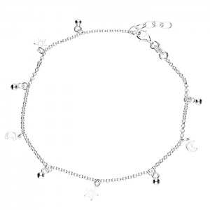 Sterling Silver Bead Moon Star Charms Anklet