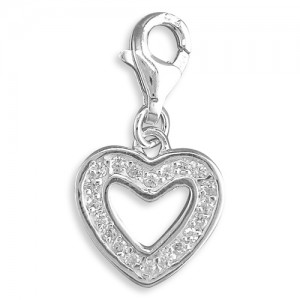 Sterling Silver Clip-On Cubic Zirconia Open Heart Charm