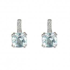 Sterling Silver Square Blue Topaz with Cubic Zirconia Loop Stud Earrings