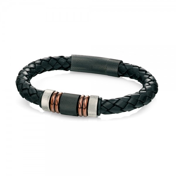 Fred Bennett Men's Stainless Steel Black Woven Leather Bracelet