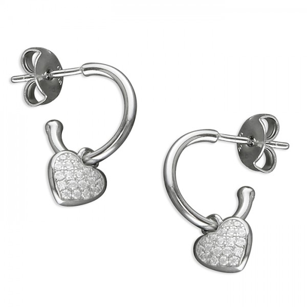  Sterling Silver Cubic Zirconia Heart Charm on Hoop Stud Earrings