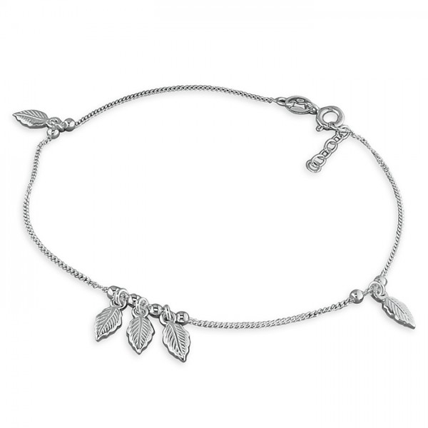 Sterling Silver 5 Leaf and Bead Anklet