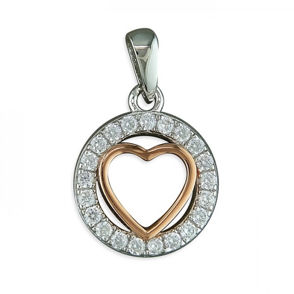 Sterling Silver Rose Gold Plated Heart in Cubic Zirconia Circle Pendant & 18" Chain 