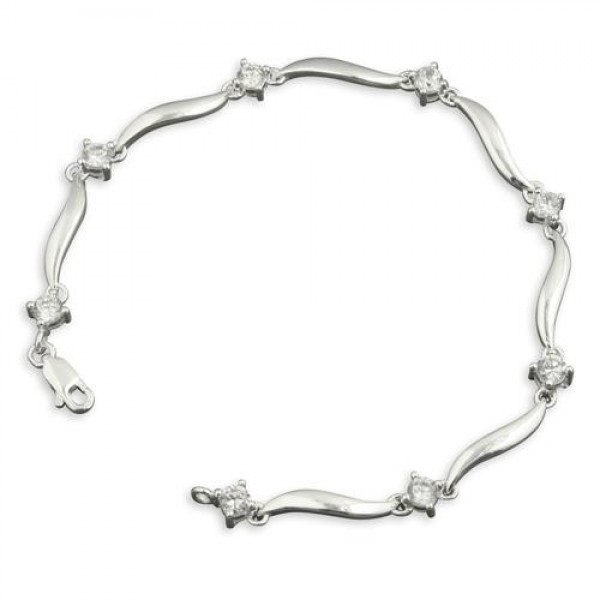 Sterling Silver Cubic Zirconia and Wave Link Bracelet
