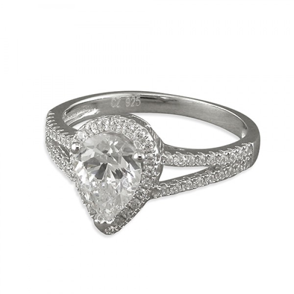 Sterling Silver Teardrop Cubic Zirconia Halo With Split Shoulder